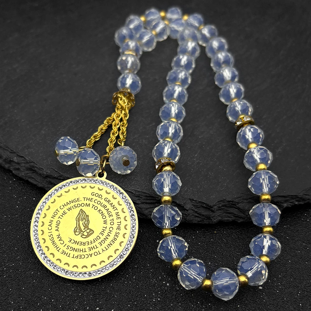

Bible Lords English Serenity Prayer Hand Car Pendant for Women Men Stainless Steel Blessing 33 Glass Prayer Beads Chain Jewelry