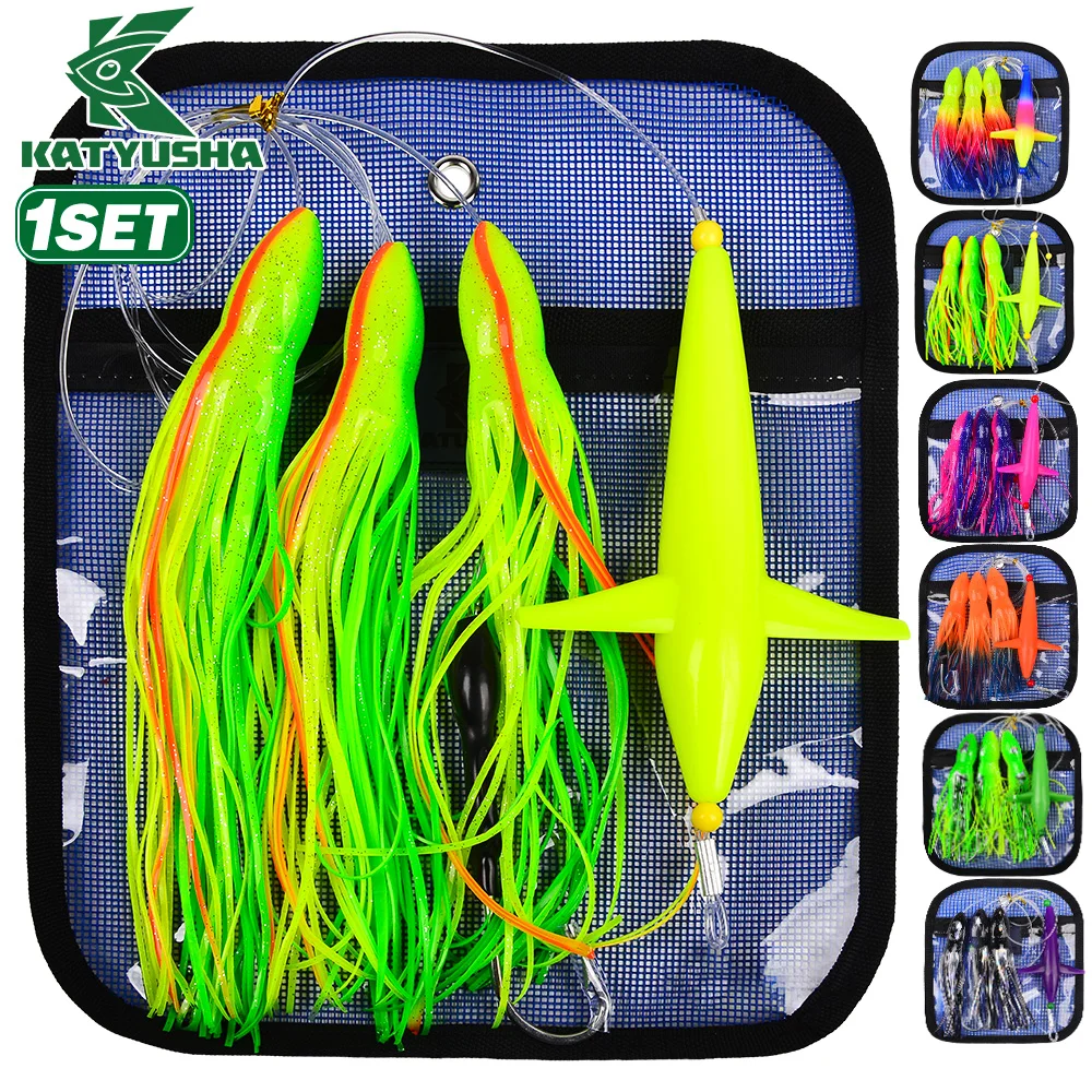 

KATYUSHA 1set Artificial Big Fishing Trolling Lure 6/9inch Soft Skirt Silicone Tuna Lure Saltwater Simulation Squid Fishing Bait