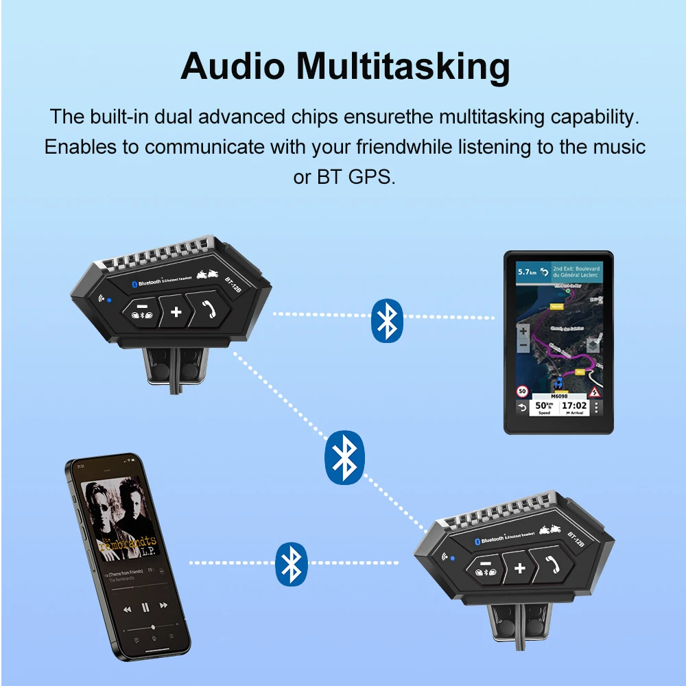 BT12B Motorcycle Helmet Headset Motorcycle Intercom 2 Rider Talk At The Same Time Waterproof Interphone Full Duplex With DSP CVC