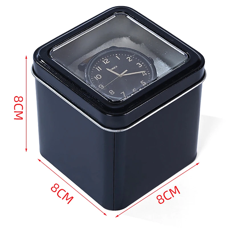 Caja organizadora de reloj negra cuadrada de 8CM, soporte de exhibición, lata de hojalata, caja de regalo de joyería sellada de Metal, estuche de exhibición con cojín