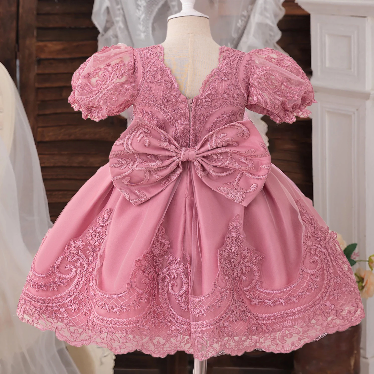 Vestido de fiesta con lazo grande para niñas, vestidos formales bordados de encaje para bautismo, vestidos Vintage para niñas, traje elegante de boda, noche, Gala, Navidad