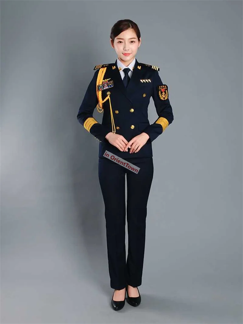 Seawoman Double Breasted Uniform Navy Blue Female Captain Slim Fit Professional Work Attire Seafaring Student Coat + Pants CT034