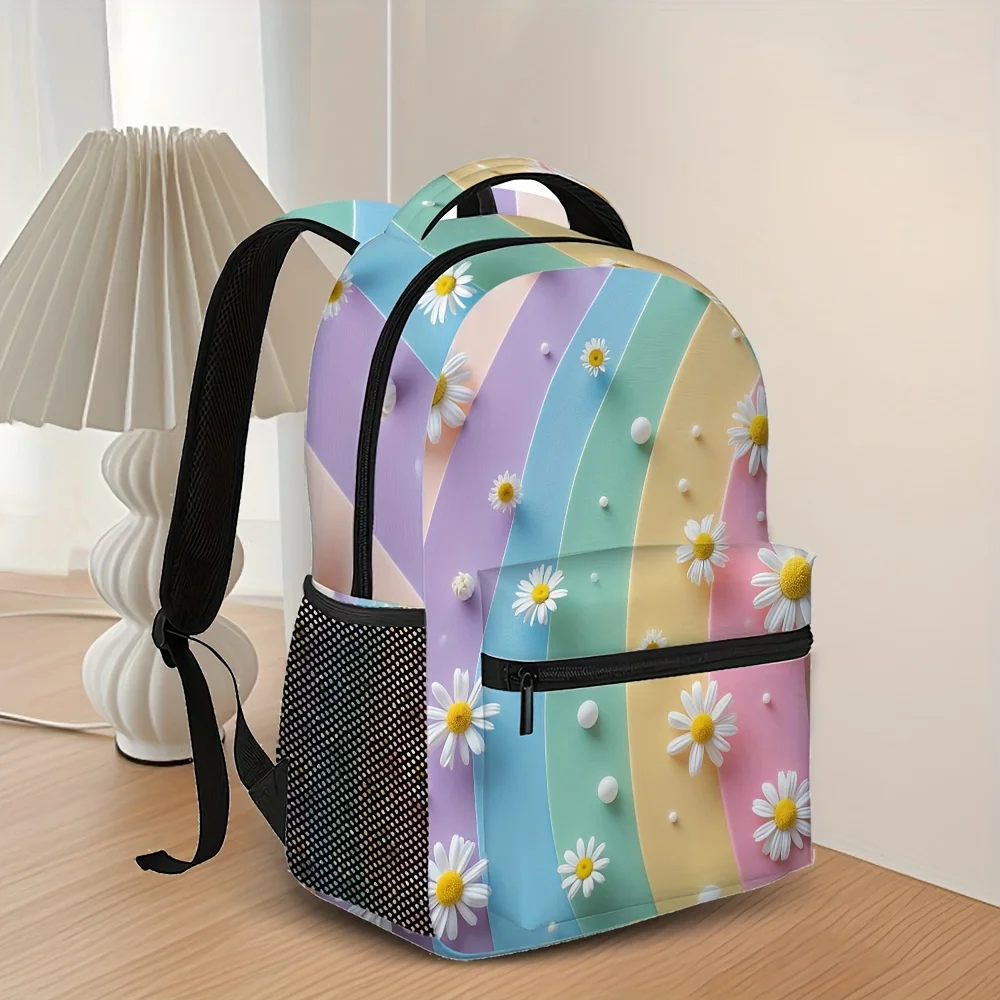 Vibrant Rainbow Daisy Print Backpack Casual Style Ideal for Outdoor Activities Daily Commute Hand Washable Everyday Backpack