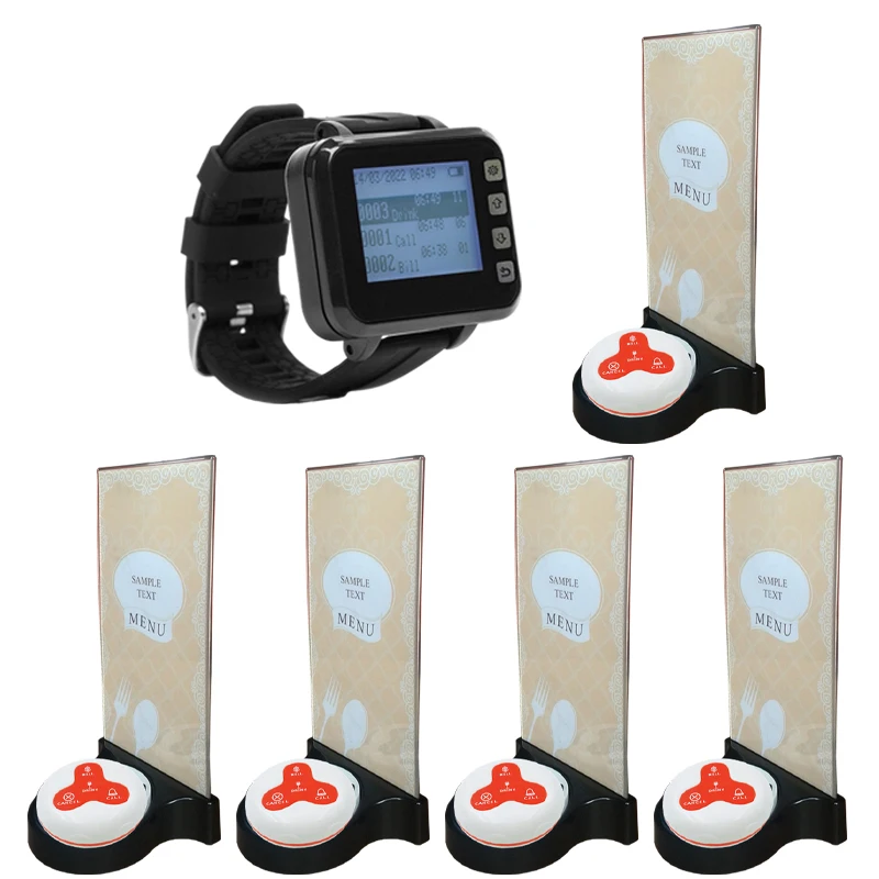 Wireless Pager System for Restaurant, Waterproof Table Call Button with LED/Vibration Watch Receiver for Cafe Bar Clinic Staff