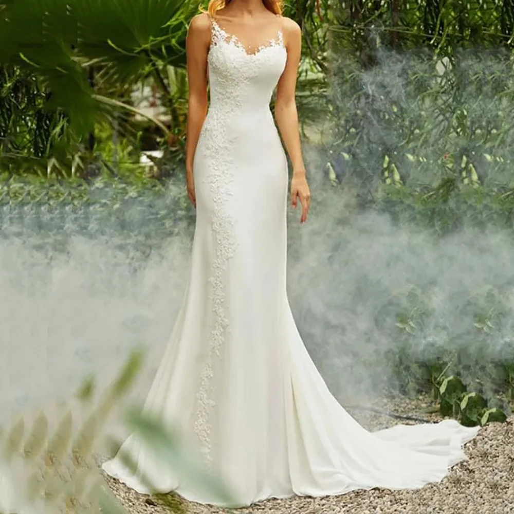

Mermaid Wedding Dress Sleeveless Spaghetti Straps Satin Lace Applique Backless Court Train Bridal Gown Customized