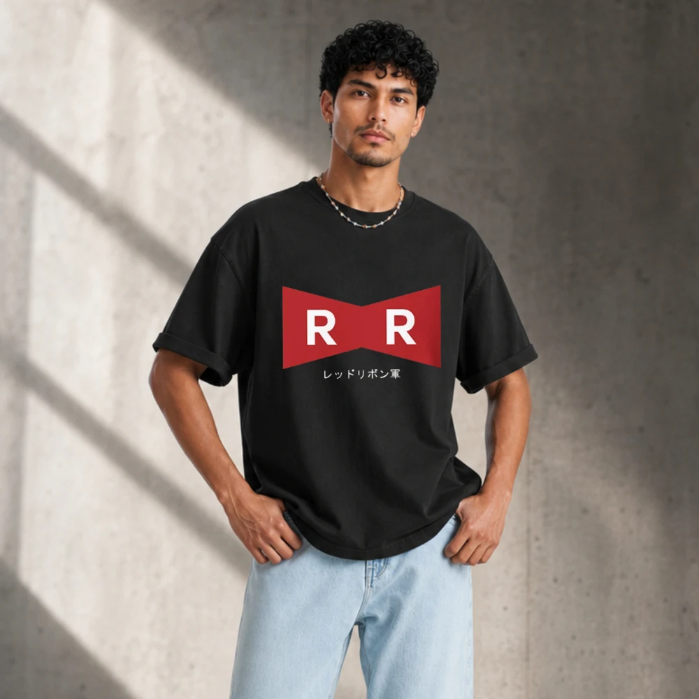 Men Double RR Red Bow Logo Japanese Katakana Print T Shirt Cotton Tee Minimalist Anime Aesthetic Streetwear Loose Casual Tee Top