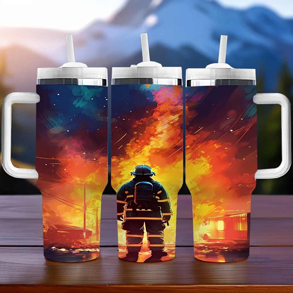 40oz Tumbler with Handle And Straw, Features Long Term Insulation, Cool Firefighter Pattern Print, Perfect As Holiday And Birthday Gift, Suitable for Firefighter Enthusiasts for Daily Use And Outdoor Travel Scenes