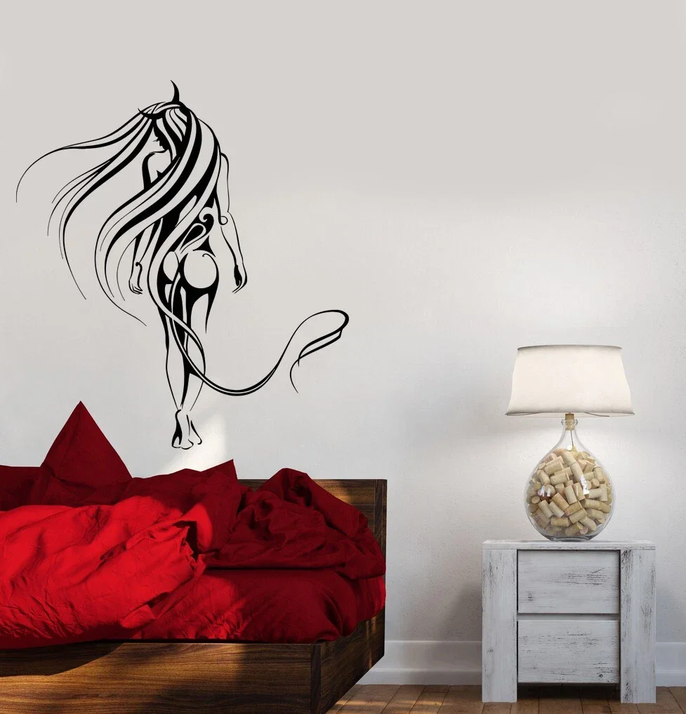 Girl Fallen Angel Horns Tail Romantic Demon Love  Vinyl  Decal Wall Art Sticker removeable decor  self-adhesive