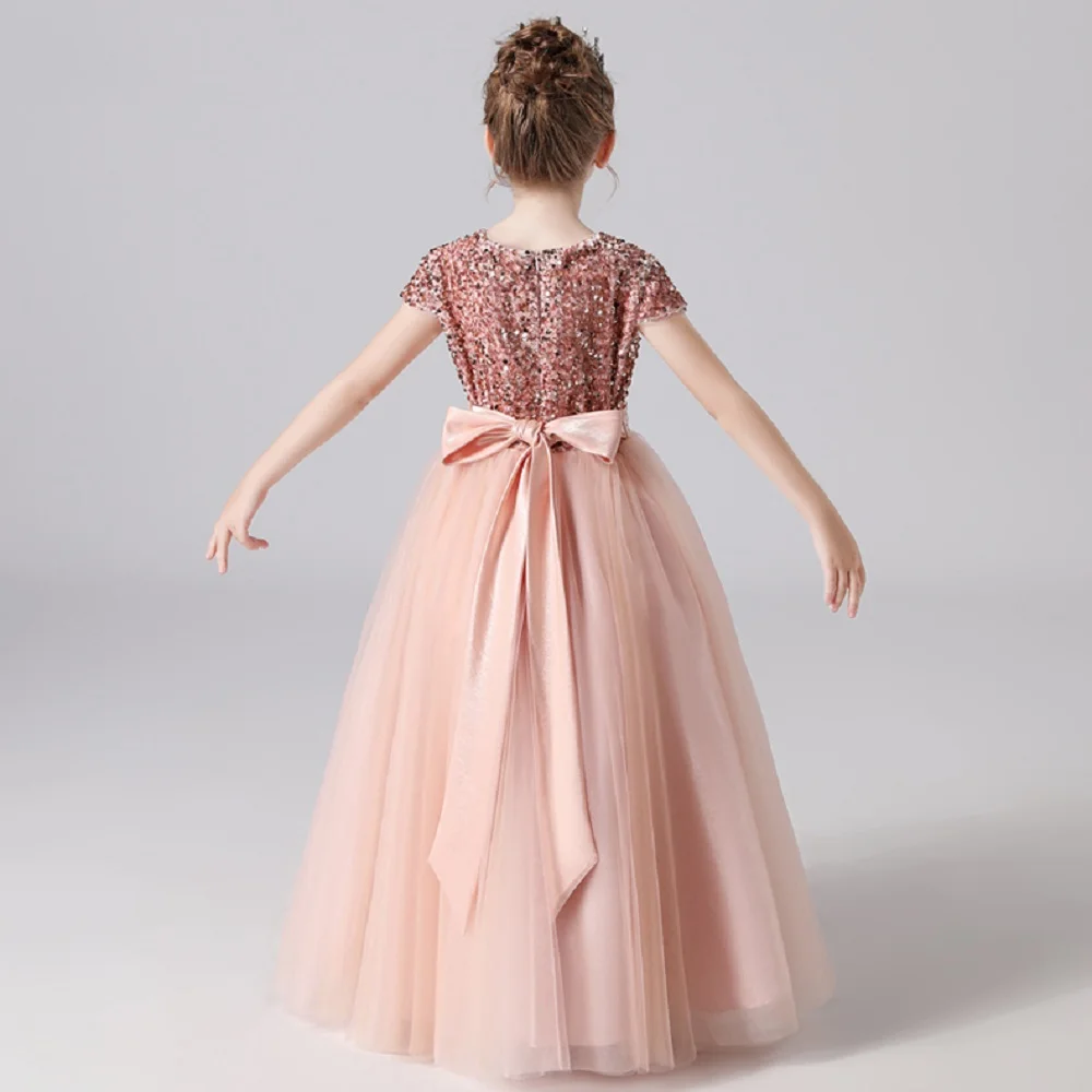 DIDELEVAGE-Robe à Fleurs en Tulle à Manches Courtes et Paillettes pour Fille, Tenue de Soirée d'Anniversaire pour Enfant, Concours, Bal, Demoiselle d'Honneur