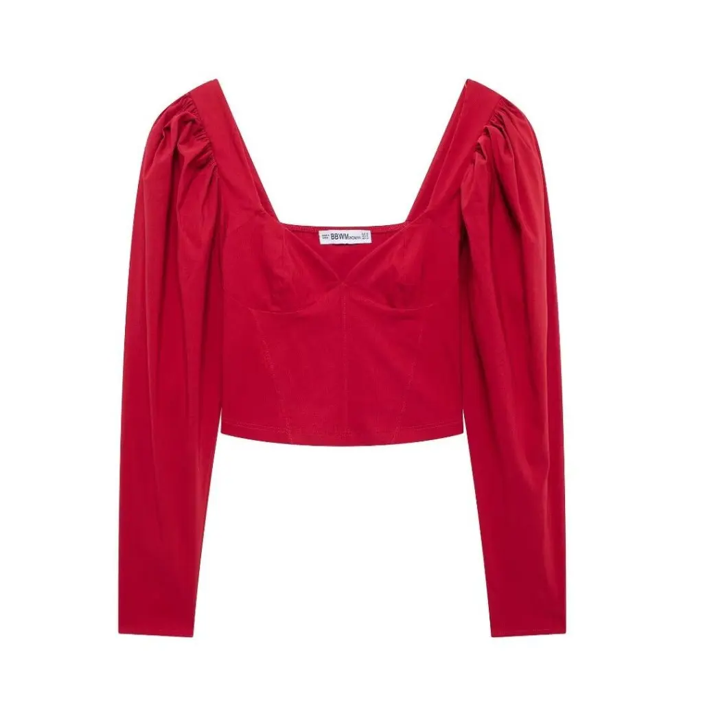 

Women's Red Heart-Shaped Collar V-Neck Off-Shoulder Top European And American Style Autumn Winter New Fashion Short Long Sleeve