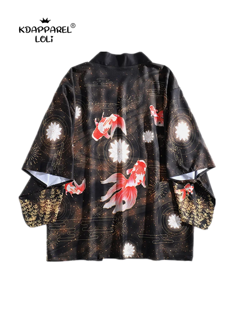 Japanese Loose Gothic Kimono Goldfish Fireworks Dark Black Haori Summer Sunscreen Bathrobe Literature Art Cosplay Women Men Tops