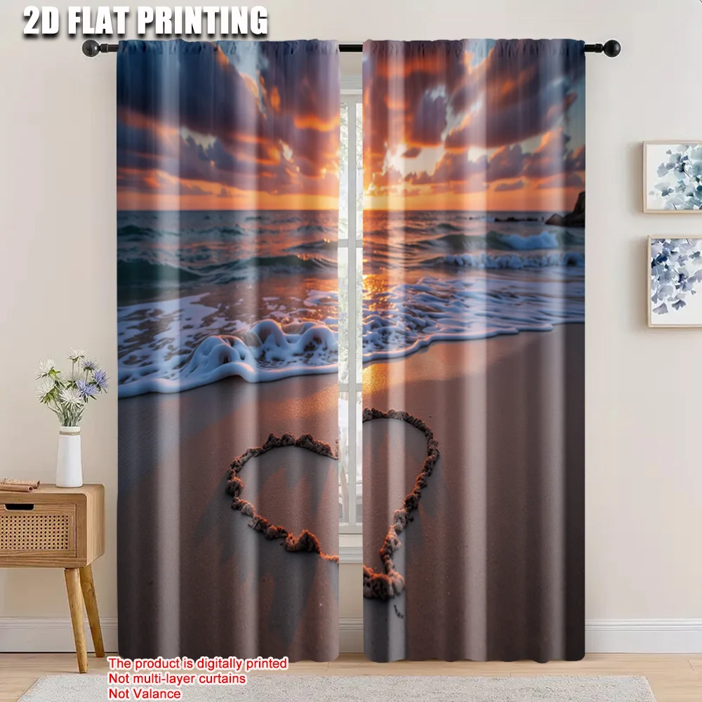 

2pcs, 2D flat printing Party Curtain Love on the Beach Durable Polyester,Without Electricity Festive Wall Decor Perfect for