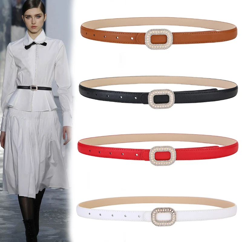 Skinny Patent Leather Women's Belt, Genuine Leather Waistband with Shiny Gold Rectangle Rhinestone Buckle for Dresses