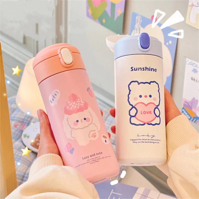 380ML Stainless Steel Thermos Vacuum Flask Cute Cartoon Thermal Water Bottle for Girls Insulated Straw Cups Tumbler Drinkware