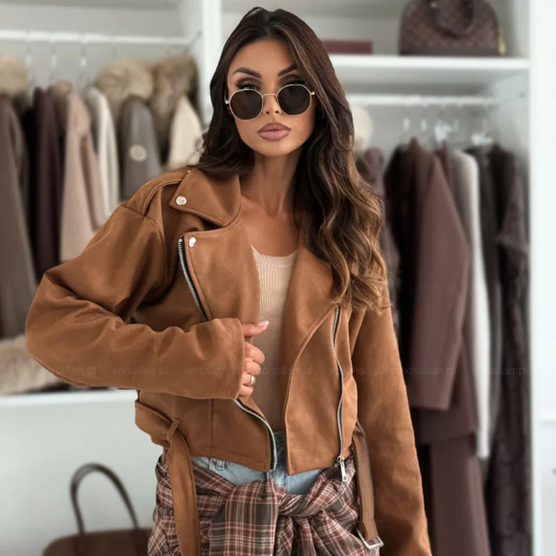 Kardigan damski na jesień i zimę, krótki, zapinany na zamek, długi rękaw, wiatroodporny, prosty i modny, idealny do pracy.