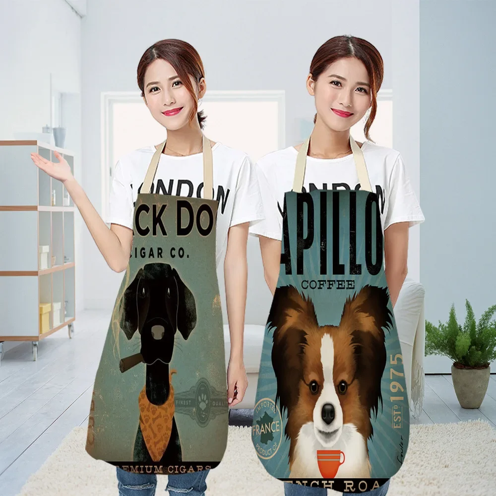 1Pc Kitchen Apron Sketch Wearing Pug Pet Dog Cat Printed Sleeveless Cotton Linen Aprons for Men Women Home Cleaning фартук