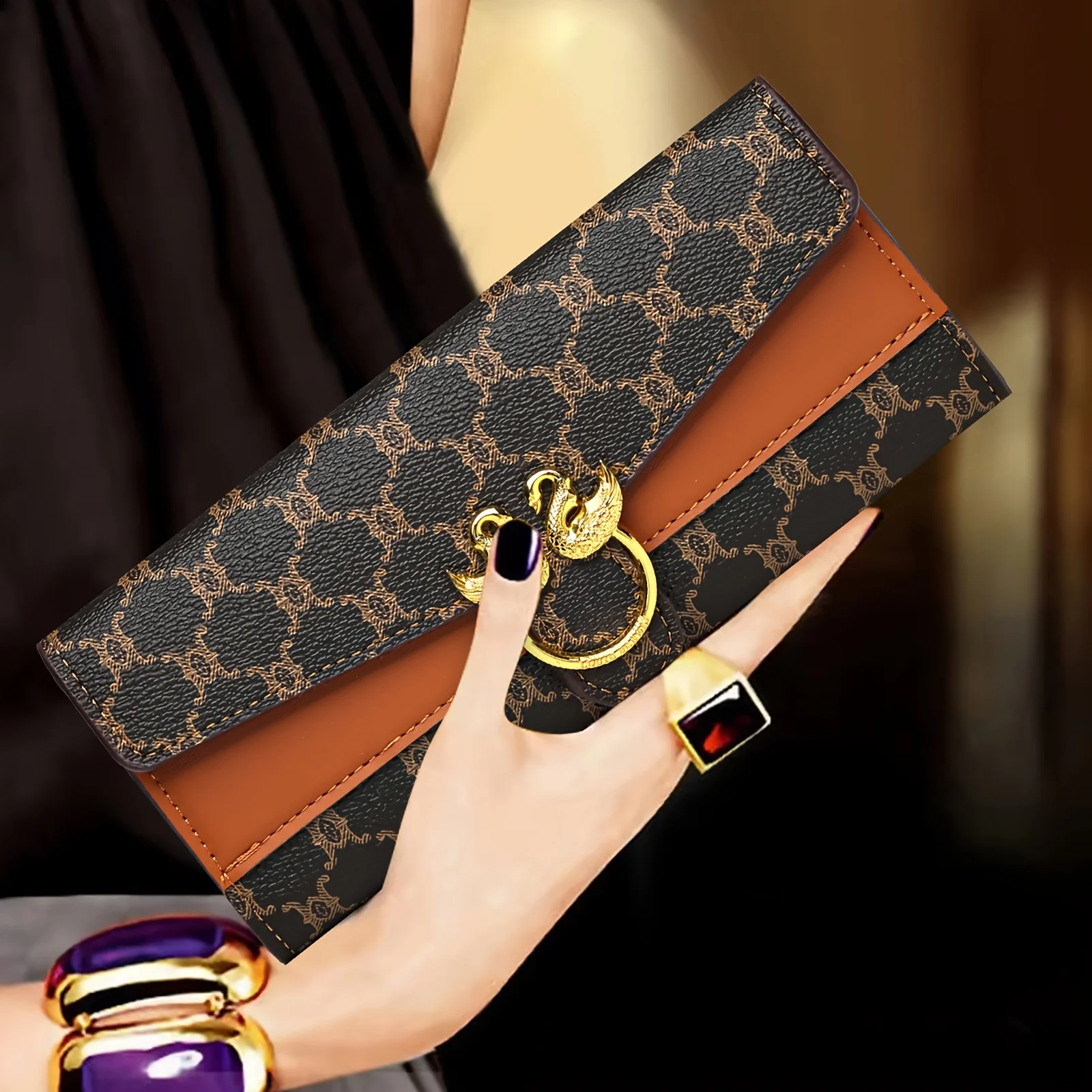 

Модный кошелек-клатч большой емкости, длинный тройной кошелек, кошелек с винтажным рисунком и сумка с цветными блоками