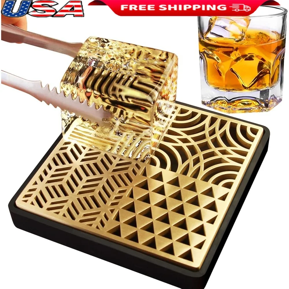 

Brass Ice Stamp Tray Cocktails Whiskey Clear Ice Cube Imprinter Modern Craft Bartending Tool