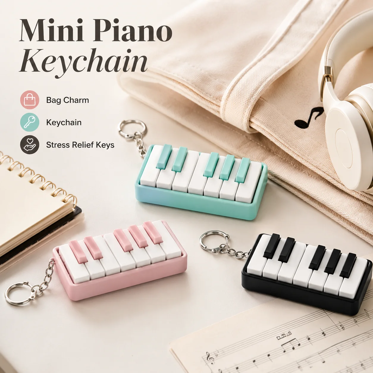3D Piano Keychain Pendant, Relaxing Key Button Bag Accessory, Trendy Music Gift Keychain