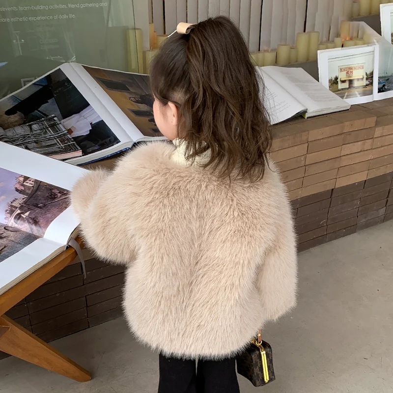 2023 new winter girls' bow environmentally friendly fur coat Korean version of western style plus velvet thickened cotton-padded