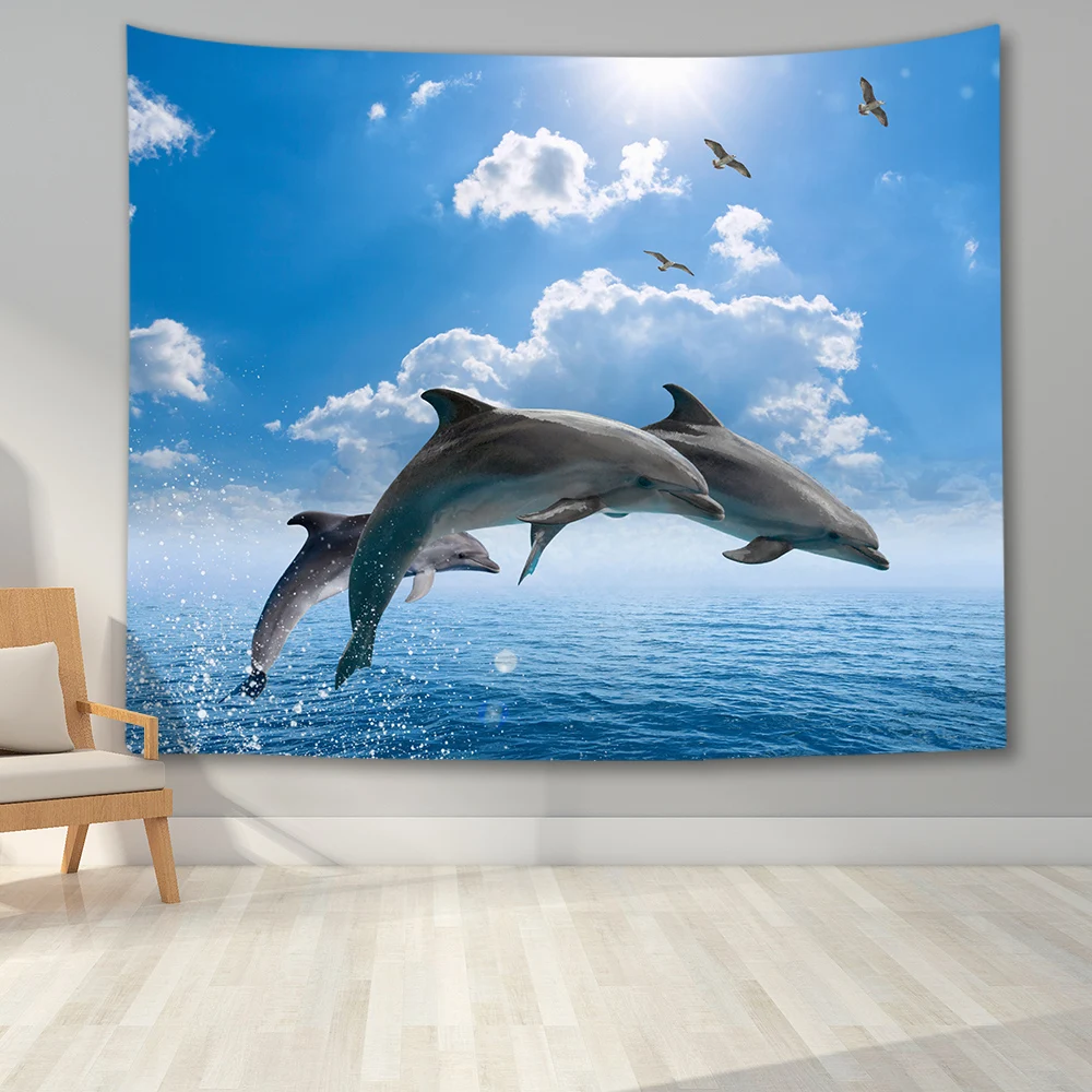 Underwater World Tapestry Wall Hanging Turtle Shark Mermaid Dolphin Tapestry Print Wall Hanging Living Room Bedroom Dormitory