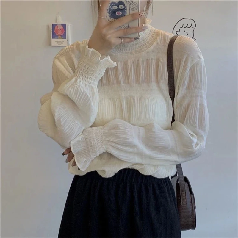 Casual Pleated Long Sleeve Solid Loose Tops Tees New Women Clothing All-match Korean T Shirts Spring Autumn Fashion Temperament