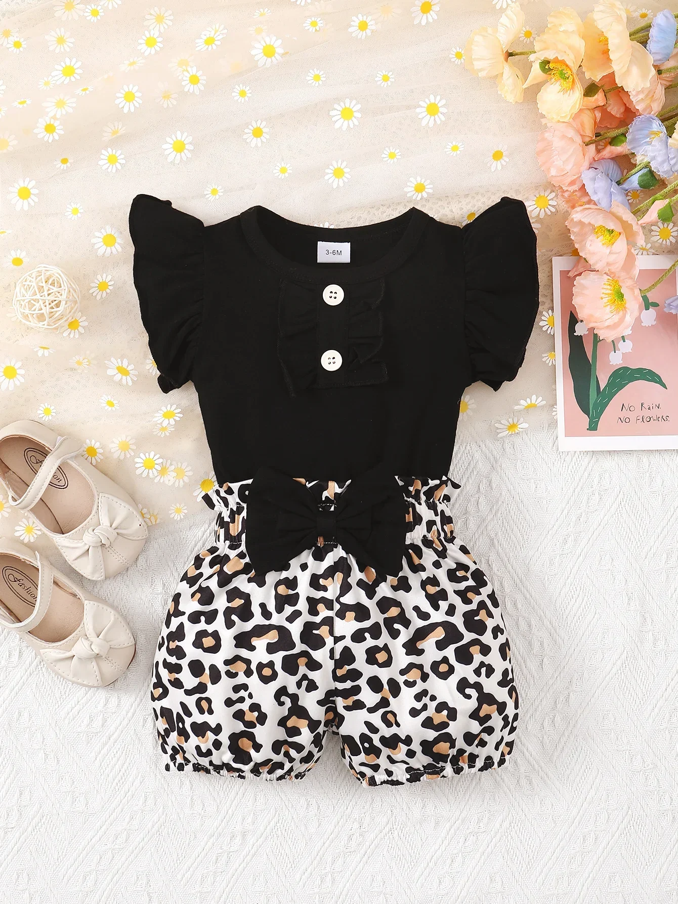 Summer Baby Girl Clothes Set Ruffle Edge T-Shirt Short-Sleeved Jumpsuit Top Leopard Print Shorts Fashion Toddler Clothing Outfit