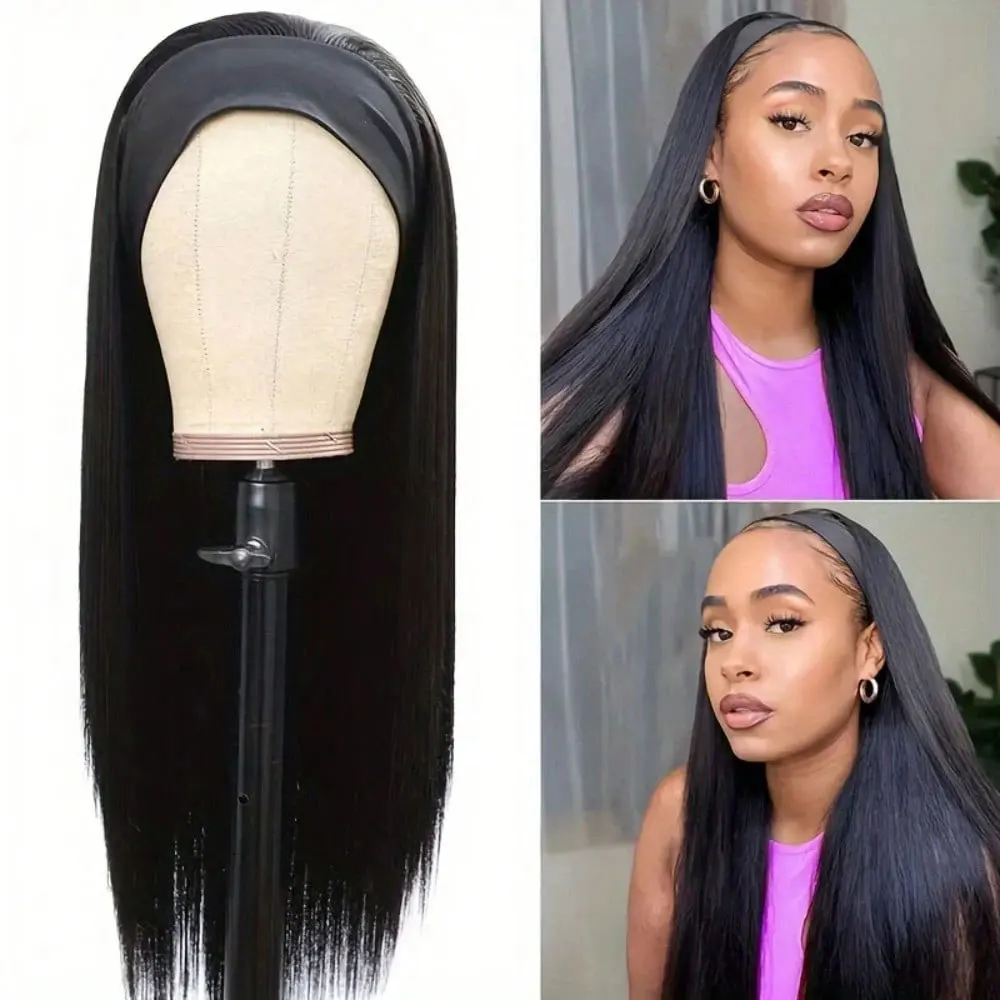 

200% Density Human Hair Wig Natural Black Straight Headband Wig No Lace Front Machine Made Hairpiece Volume & Comfortable