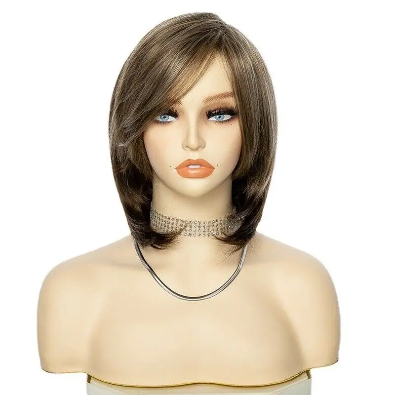 

Women's fashionable short straight hair wavy brown and black Synthetic wig 9inch