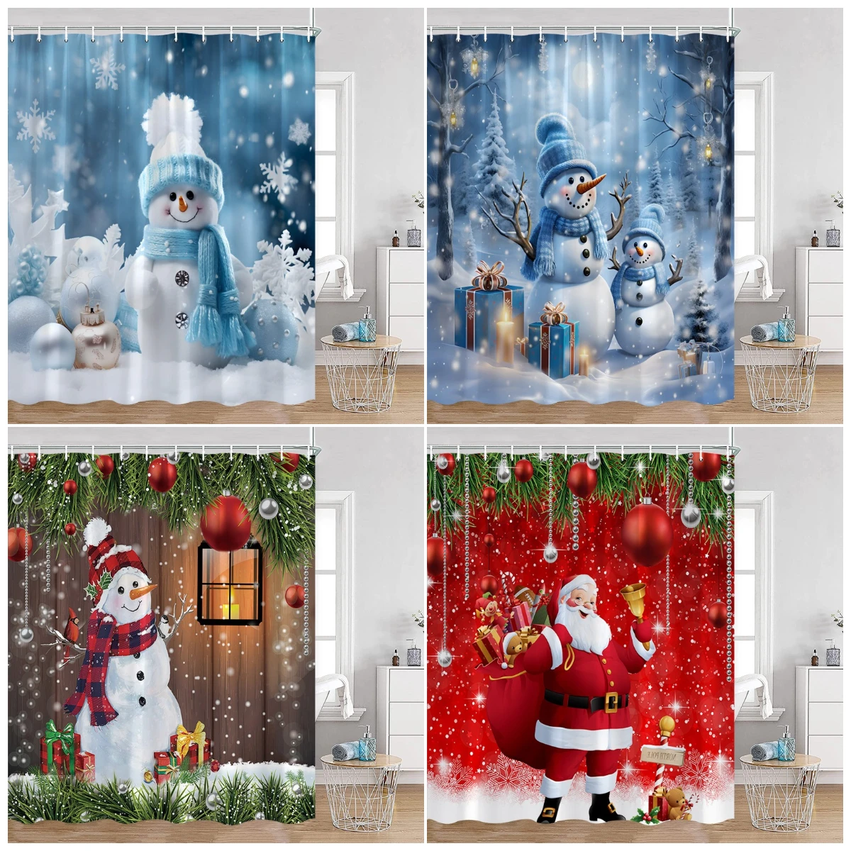 

Funny Christmas Shower Curtain Red Santa Claus Cute Blue Snowman Winter Forest Landscape Cloth Home Bathroom Decor Bath Curtains