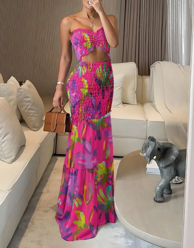 

Women's Dress 2025 Fashion Spring/summer Latest Hot Selling Tropical Print Bandeau Sleevless High Waist Hollow-Out Maxi Dress