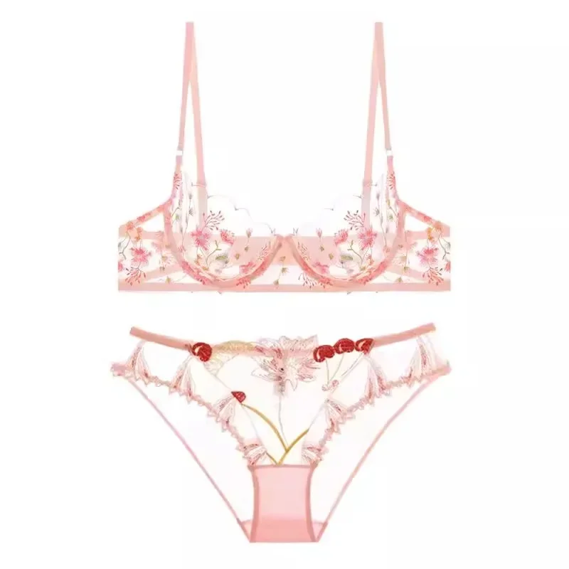 MOYISU Female Pure Desire Sexy Ultra Thin Transparent Lingerie Set Lingerie Lace Embroidery Large Bust Small Push-up Bra