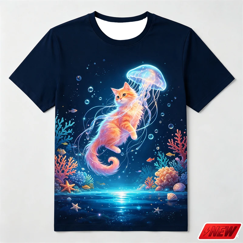 Cute Ginger Cat Graphic T Shirt Men 3D Printed Coral Bubble Graphic Tee Polyester Summer Casual Streetwear Crew Neck Unisex Top