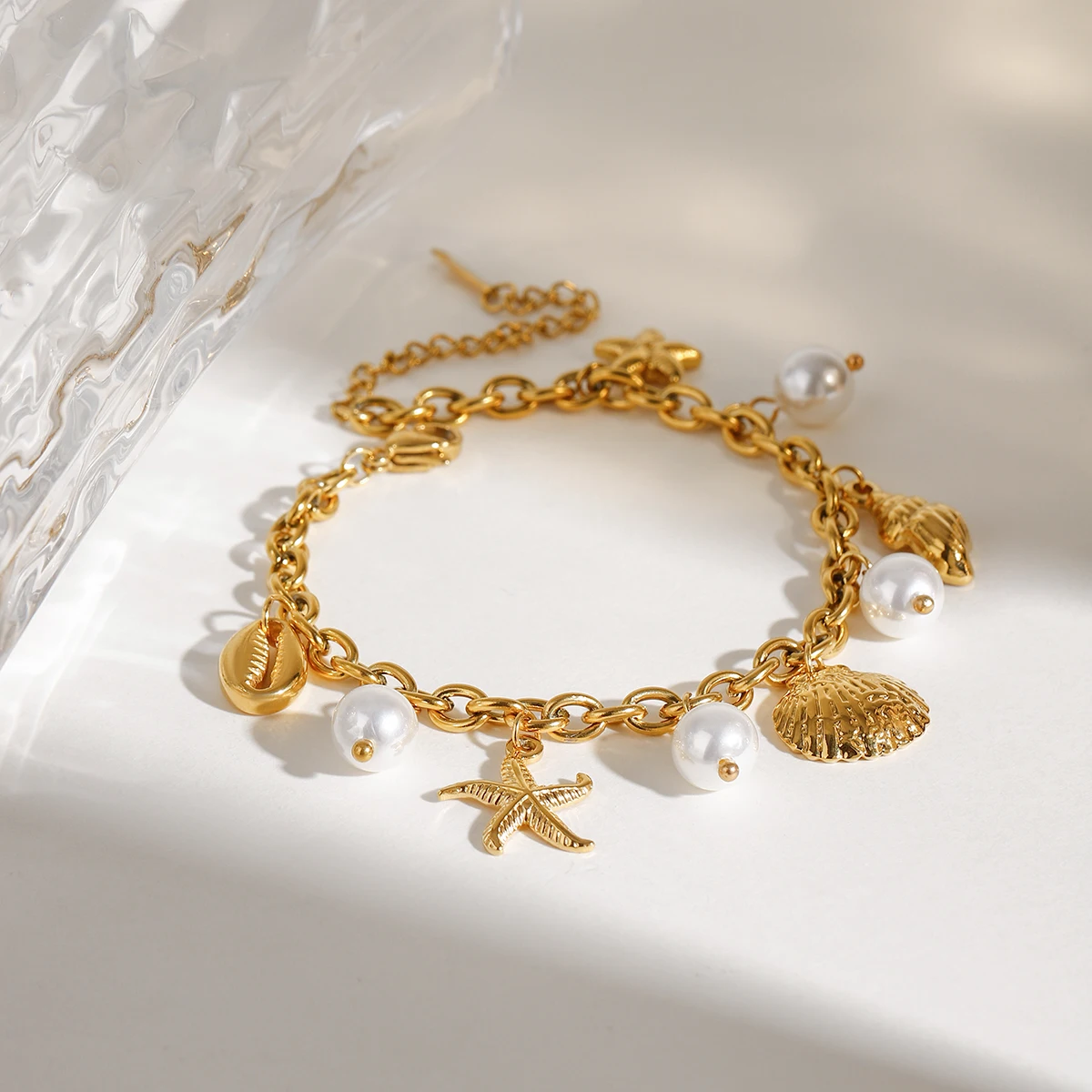 Zora 18K Gold PVD Plated Stainless Steel Pearl Shell Starfish Charm Bracelet Bangle Women Waterproof Beach Jewelrry Gift