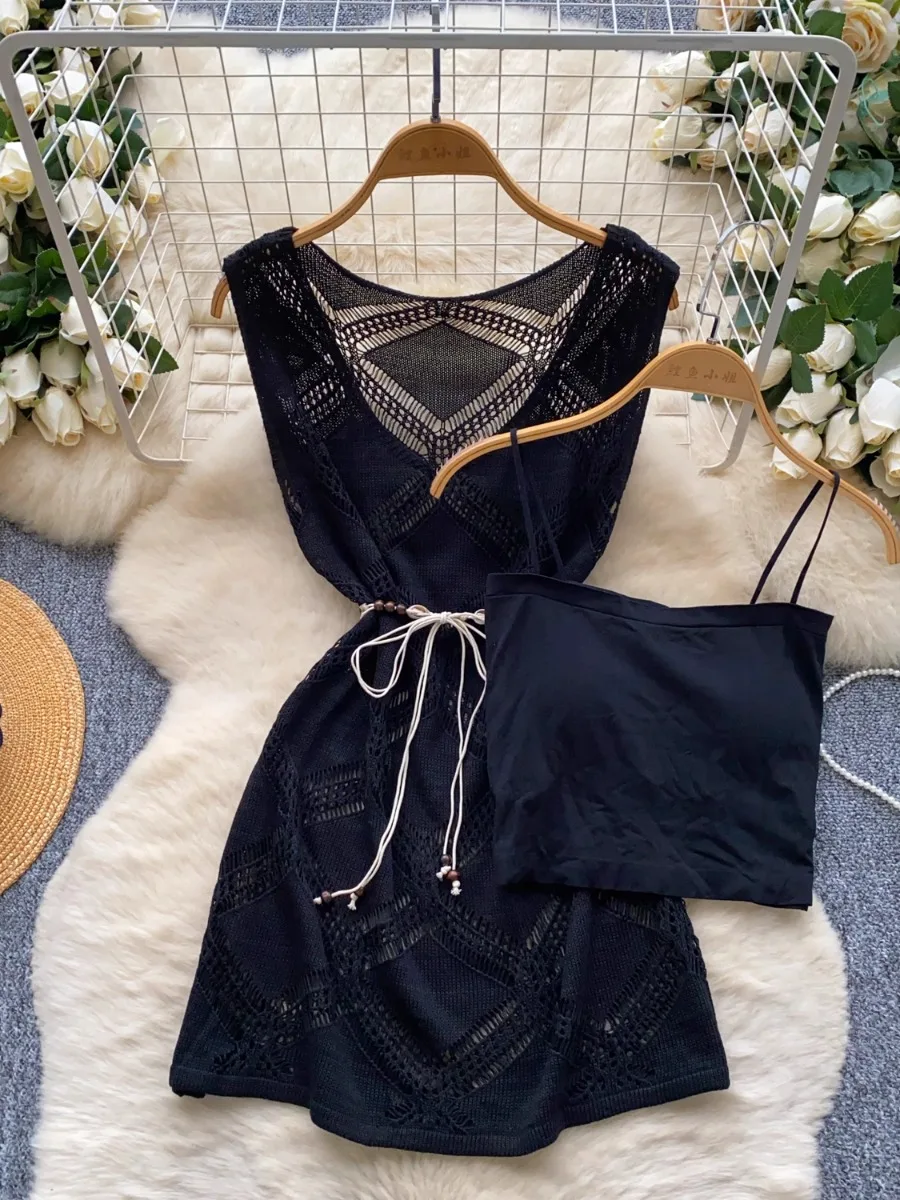 Foamlina coreano em camadas halter topo oco crochê vestido de malha conjunto de duas peças para as mulheres verão novo vestido de escritório vintage conjunto ol