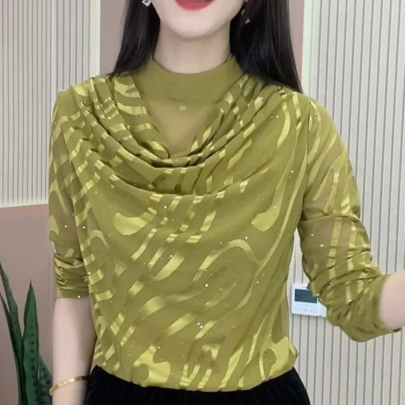 

Korean High End Autumn New Half High Collar Gauze Print T-shirt Women Solid Slim Fashion Trend Simple Patchwork Long Sleeve Top