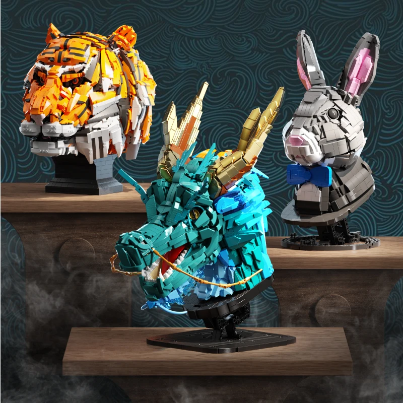 MOC Children Zodiac Dragon Head Assemble Bricks Toys Kit Tiger Rabbit Building Blocks Assemble Model Set for Kids Boys Gifts