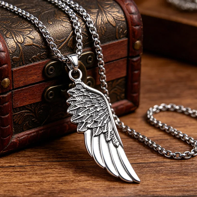 Vintage Titanium Steel Angel Wings Necklace Personality Hip Hop Wings Pendant Men