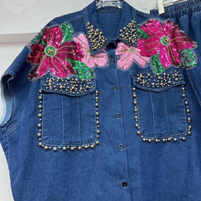 ユニークなデザインの女性のルーズ半袖シャツ新しい夏ヨーロッパ重工業ファッションワイドレッグショーツデニムジャケット 2 個セット