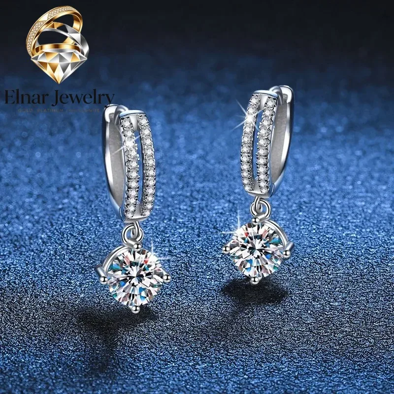 

Elnar Jewelry Luxury Solid White Gold Platinum PT950 Earrings moissanite earrings classic four claw D color 1 carat earrings for