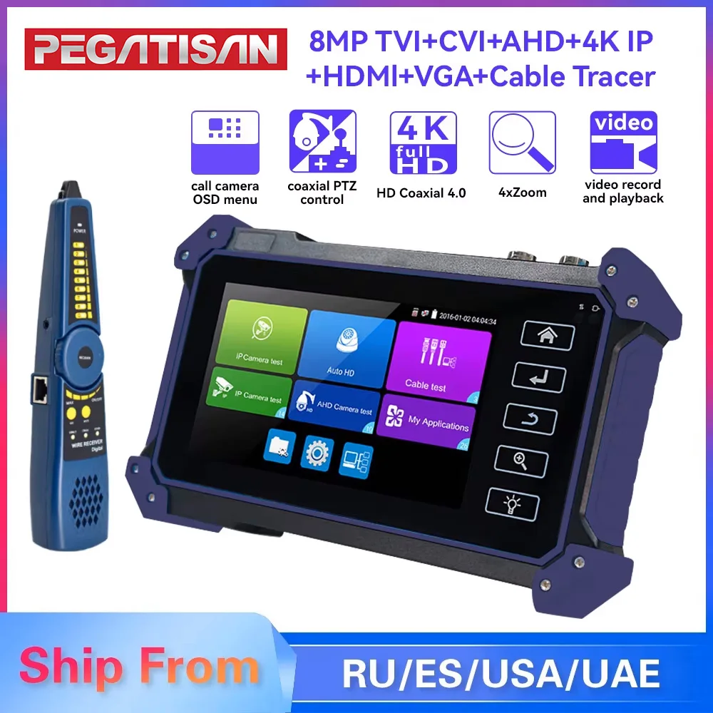 PEGATISAN 4K IPC CCTV Tester 6 in 1 CCTV Surveillance Camera Monitor Full HD 8MP IP AHD CVI TVI SDI Camera Tester with HDMI VGA