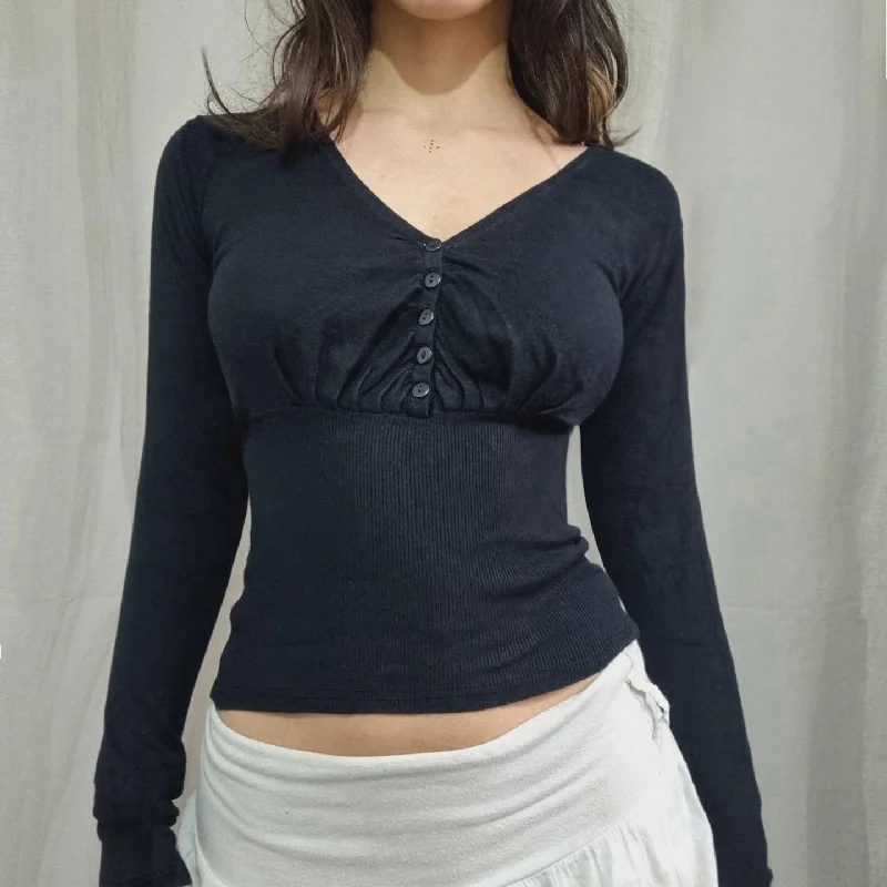 

Women's Tops Black V-Neck Solid Color Knitting Pullover Slim Fit T-Shirt Comfortable Casual Long Sleeve Clothes