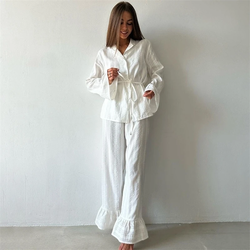 

New 2 Piece Suit Women Casual Nightgown Long Sleeve Nightwear Turn-Down Collar Sleepwear Pants Loose Home Clothes Ladies
