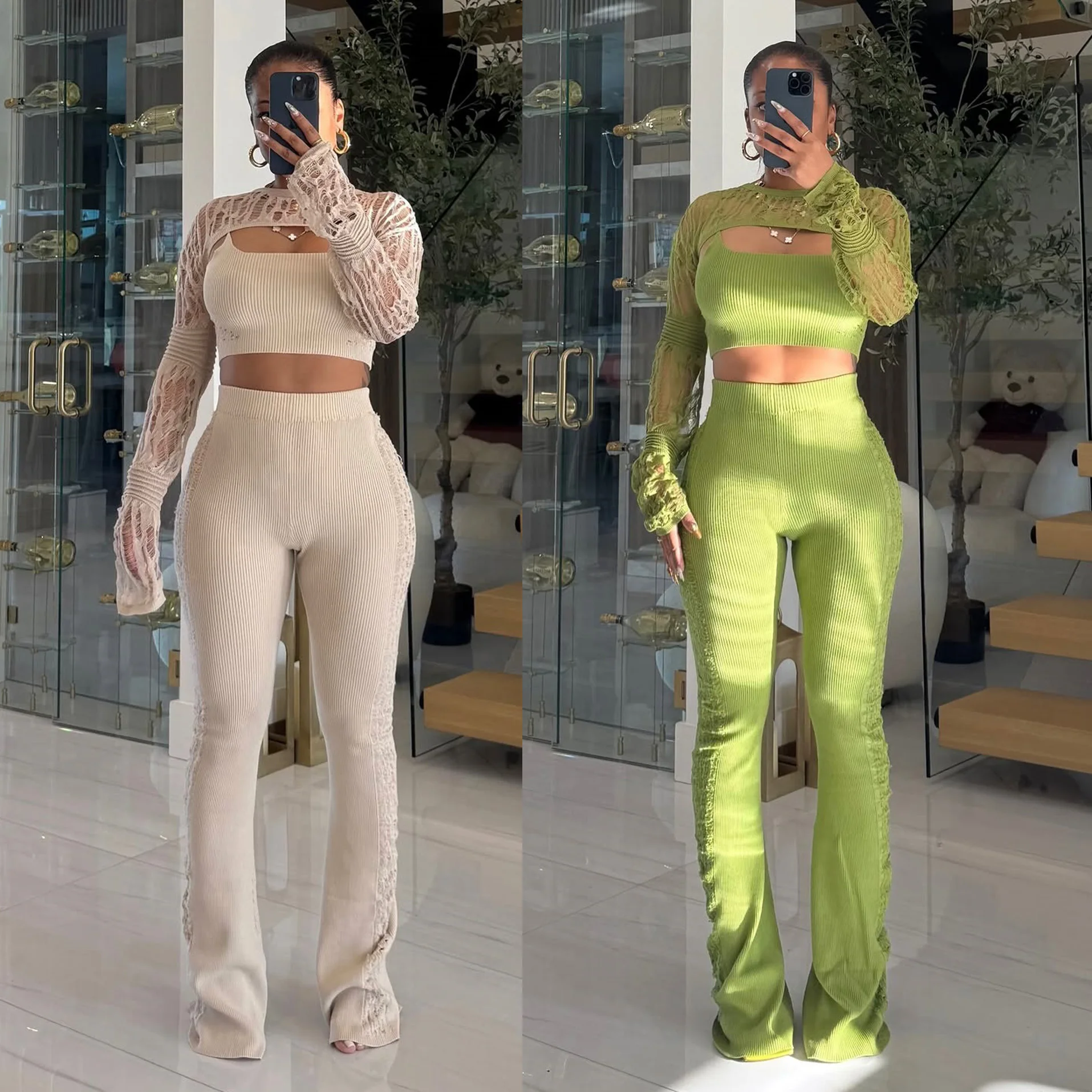 

2025 Осенние вязаные топы, комплект из 3 предметов, зимние женские однотонные спортивные костюмы, сексуальные элегантные вязаные крючком комплекты из двух предметов