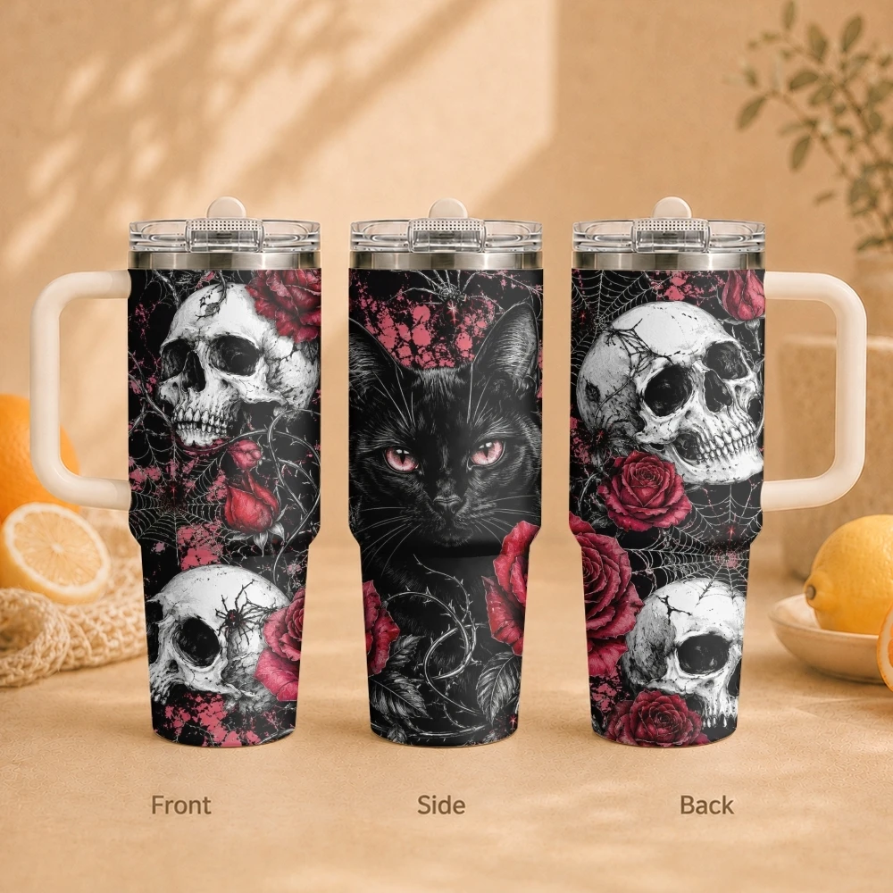 Dark Rose Skeleton Vacuum Flasks 40oz Vacuum Insulated Travel Mug - Stainless Steel Straw Cup Lid