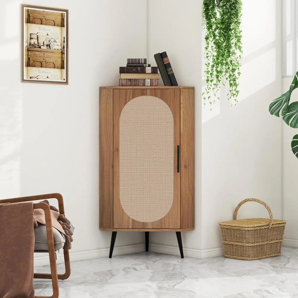 

Rustic Corner Storage Cabinet with Rattan Door and Adjustable Shelves, Living Room Accent Cabinet Free Standing Organize