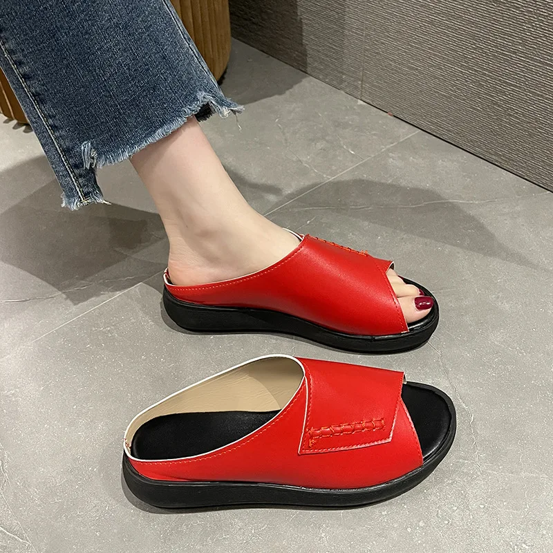 Women Fish Mouth Slippers Summer New Office Open Toe Wedge Heel Soft Leather Thick Sole Casual Women Outdoor Beach Slippers