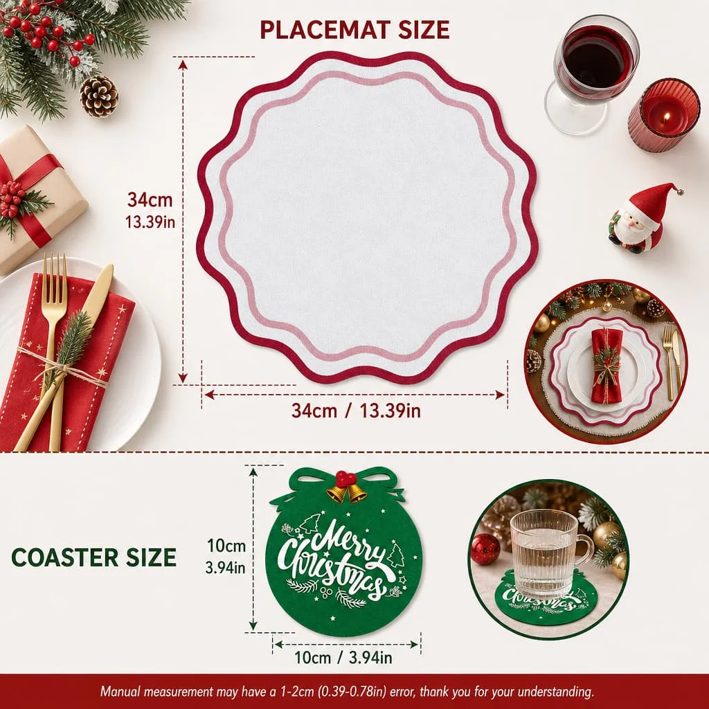 2sets wavy lace PU leather round placemats, round coasters, Christmas hat tableware bags, suitable for Christmas dinner