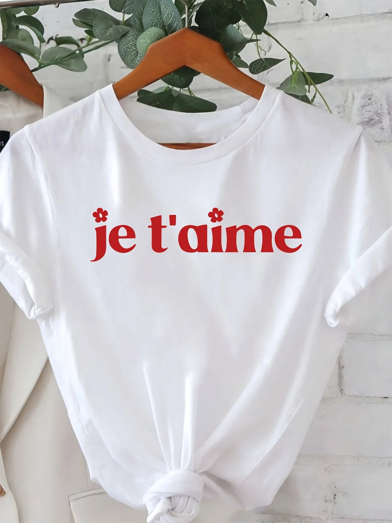 

Дышащая среднеэластичная ткань с акцентами в форме сердца, весна-лето, женские белые повседневные топы с французским буквенным принтом и рукавами на шее