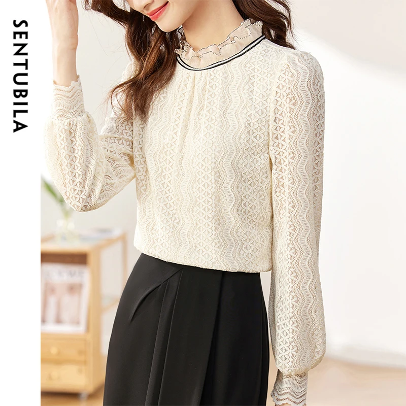 SENTUBILA Office Lady Lace Blouse Women 2024 Fall Winter Elegant Spliced Ruffles Neck Lantern Sleeve Shirts & Blouses 143S58026X